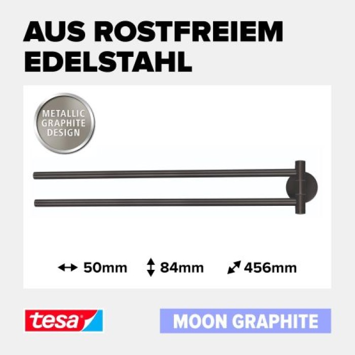 tesa MOON Graphite Zweiarmiger Handtuchhalter, selbstklebend, Metall PVD beschichtet, 40592-00000-00