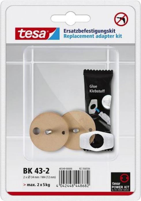 tesa Power.Kit-Adapter BK43-2, selbstklebendes Ersatzteil-Set, Metallplatte, Durchmesser 34mm, Höhe 16mm, Bolzenlänge 12mm 40349-00000-00