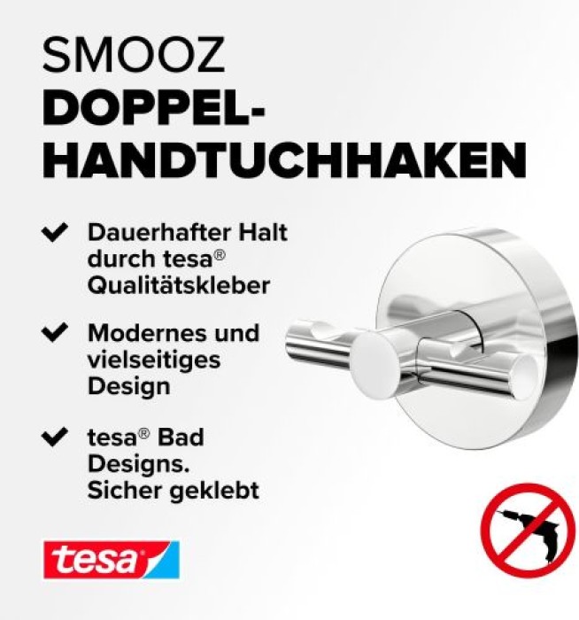 tesa SMOOZ Handtuchhaken, verchromter Edelstahl, inkl. Klebelösung, 40630-00000-00
