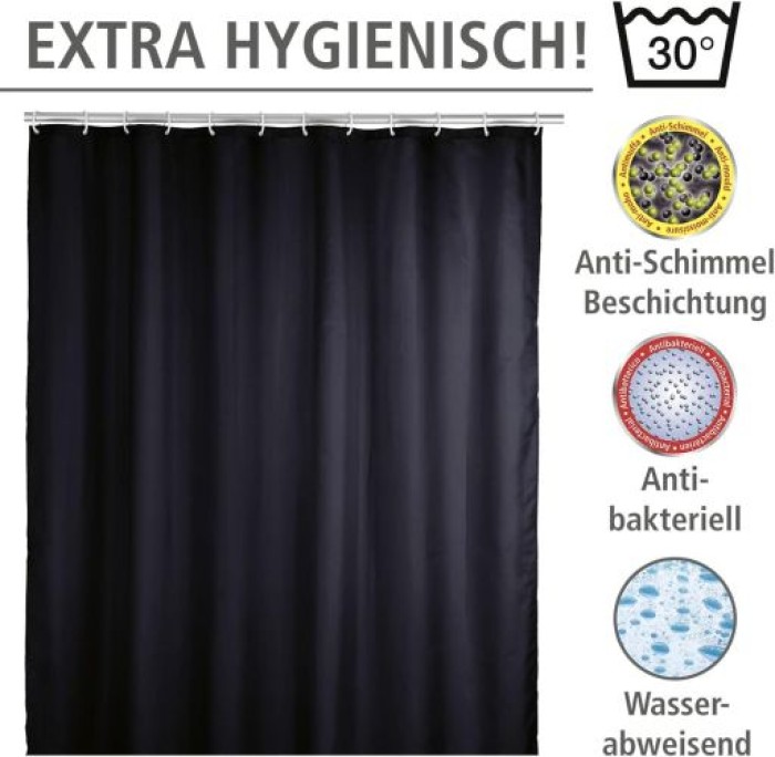 WENKO Anti-Schimmel Duschvorhang Uni Black, 180 x 200 cm waschbar, 20043100