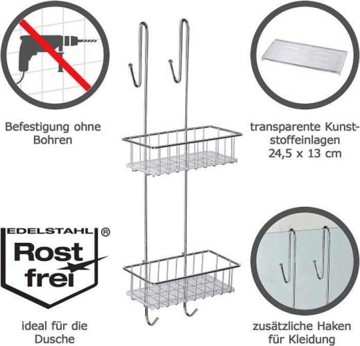 WENKO Duschcaddy 2 Etagen, rostfreies Edelstahl, Befestigung ohne Bohren, 22213100