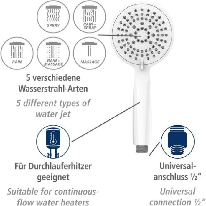 WENKO Duschkopf Mod. Young Weiß Ø 11 cm, mit 5 Strahlarten, 23942100