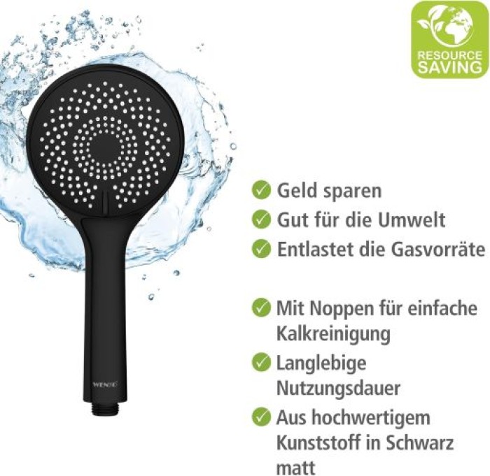 WENKO Duschkopf Watersaving Schwarz matt Ø 11 cm, 24924100