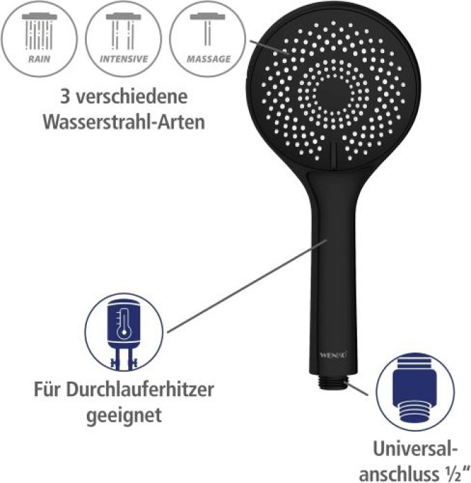 WENKO Duschkopf Watersaving Schwarz matt Ø 11 cm, 24924100