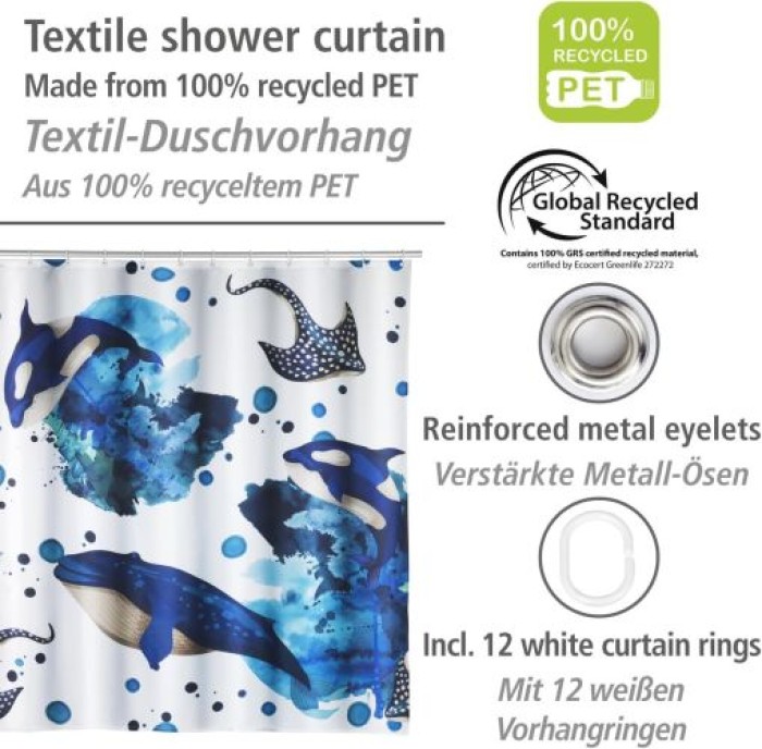 WENKO Duschvorhang Aquaris 180 x 200 cm, Textil (100 % recyceltes Polyester), 25749100