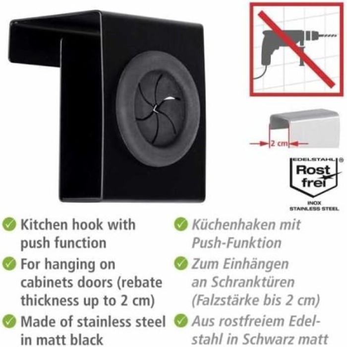 WENKO Haken Mod. Push Matt Schwarz aus rostfreiem Edelstahl und TPR-Kunststoff, 55008100