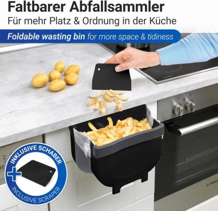 WENKO Tür-Abfalleimer Mod. Fago 5 L Schwarz faltbarer Mülleimer für Küchenabfälle, 55028100