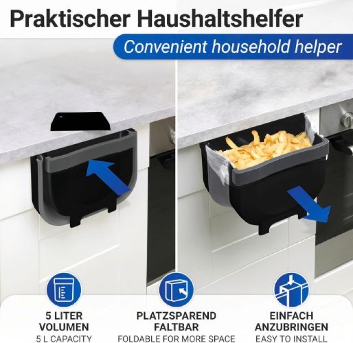 WENKO Tür-Abfalleimer Mod. Fago 5 L Schwarz faltbarer Mülleimer für Küchenabfälle, 55028100