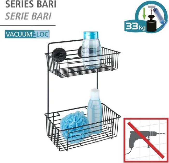 WENKO Vacuum-Loc® Wandregal 2 Etagen Mod. Bari Schwarz Wandablage, Befestigen ohne bohren, 24734100
