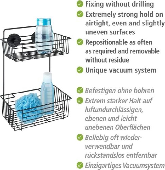 WENKO Vacuum-Loc® Wandregal 2 Etagen Mod. Bari Schwarz Wandablage, Befestigen ohne bohren, 24734100