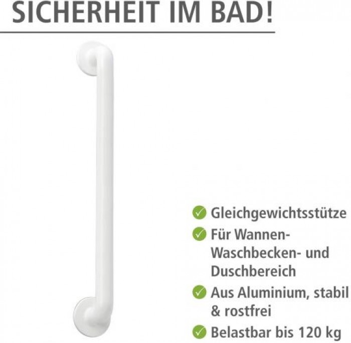 WENKO Wandhaltegriff Secura Weiß - Bad-Sicherheitsgriff für Badewanne oder WC, Aluminium, 64.5 x 7 x 8 cm, Weiß 17933100
