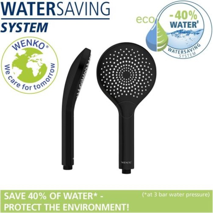 WENKO Wasserspar Duschkopf Watersaving, Handbrause mit Wasserspar-System, 3 Strahlarten, Ø 12 cm, ABS, Schwarz matt 24925100