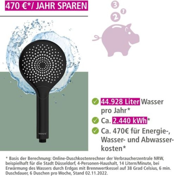WENKO Wasserspar Duschkopf Watersaving, Handbrause mit Wasserspar-System, 3 Strahlarten, Ø 12 cm, ABS, Schwarz matt 24925100