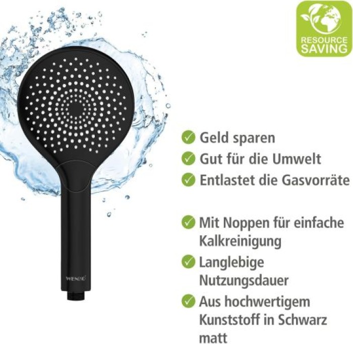 WENKO Wasserspar Duschkopf Watersaving, Handbrause mit Wasserspar-System, 3 Strahlarten, Ø 12 cm, ABS, Schwarz matt 24925100