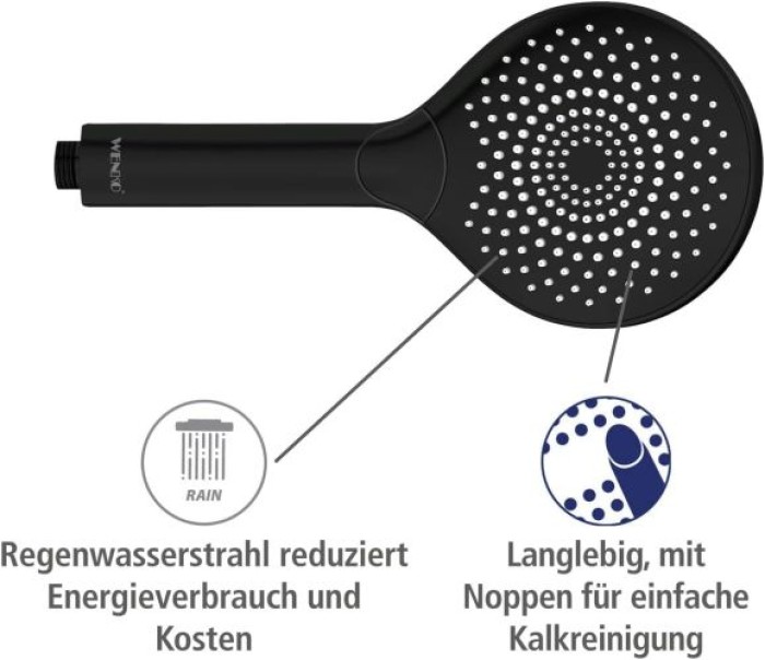 WENKO Wasserspar Duschkopf Watersaving, Handbrause mit Wasserspar-System, 3 Strahlarten, Ø 12 cm, ABS, Schwarz matt 24925100