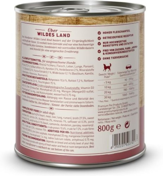 Wildes Land Classic Adult, Rind mit Süßkartoffel, 800g Dose, WL58202